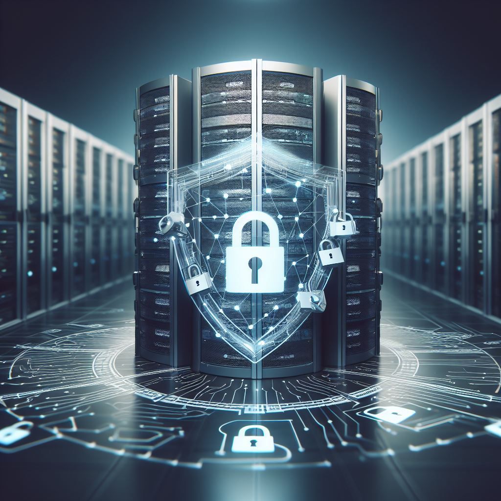 This image depicts a conceptual visualization of data security within a data center. In the foreground, a cylindrical server or data storage unit is encapsulated within a transparent shield adorned with interconnected lock icons, symbolizing enhanced security measures. A centralized lock icon, representing secure data, is prominently featured within the shield. 