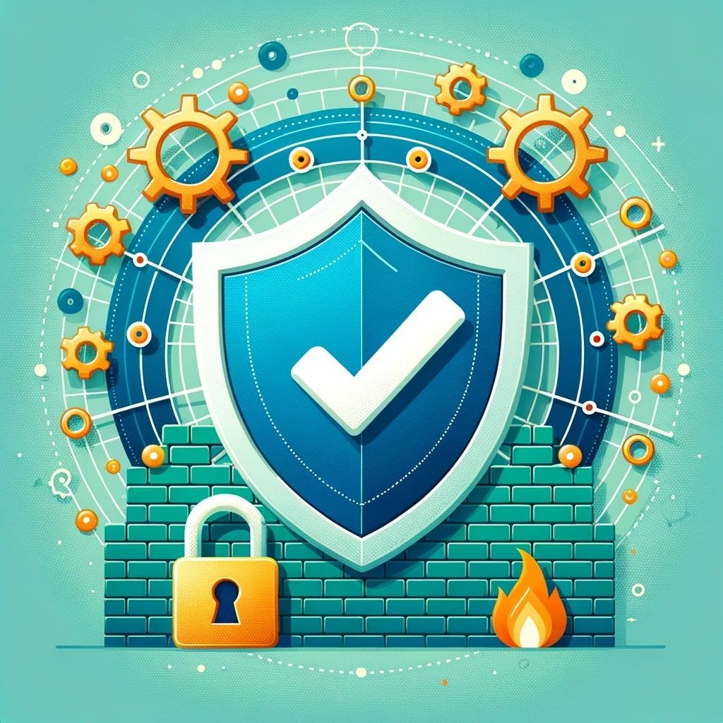 This is a vibrant illustration symbolizing internet safety. The central element is a large blue shield with a white check mark, representing protection or security. The shield is positioned on a stylized brick wall, and there is a golden padlock and a flame at the base, symbolizing a secure barrier against threats or attacks. Surrounding the shield are interconnected gears and circuit lines, illustrating the workings of a secure network or system. 