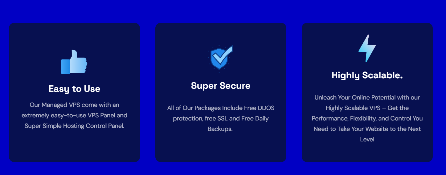 Three icons representing SiteCountry features: Easy to Use, Super Secure, Highly Scalable.
