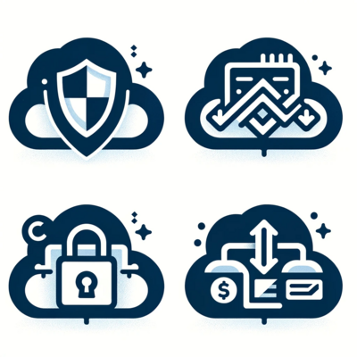 The icons represent cloud security, cloud storage, cloud computing, and Scalability.