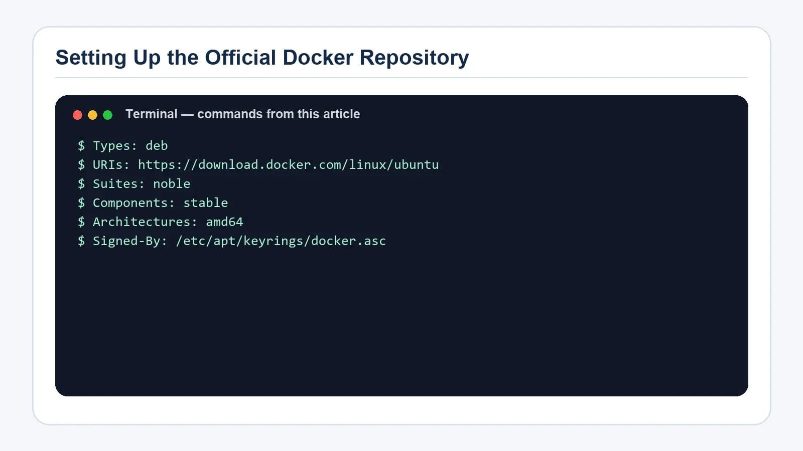 Readable terminal commands for Setting Up the Official Docker Repository