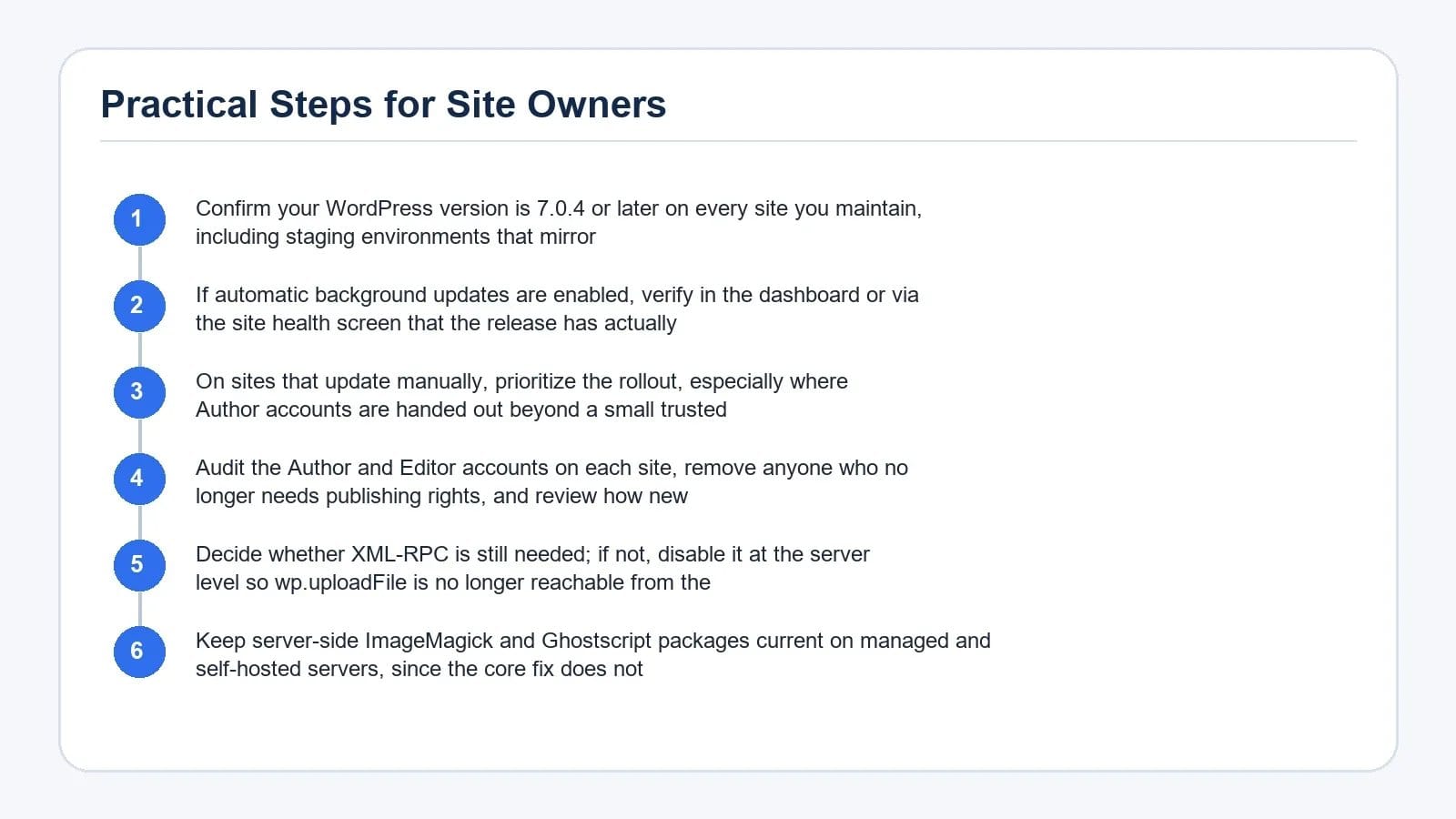 Step-by-step process diagram for Practical Steps for Site Owners