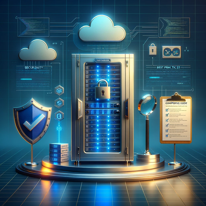 a locked server, shield, and magnifying glass, amidst digital icons and a tech-themed background.