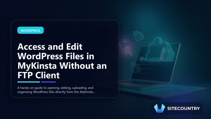 Illustration of a WordPress file manager interface inside a hosting dashboard, with folder navigation and edit tools.
