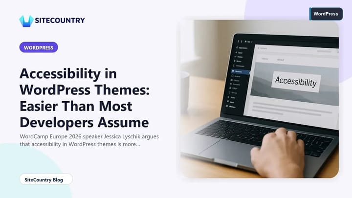 Developer reviewing a WordPress theme on a laptop while consulting an accessibility checklist at a sunlit desk.