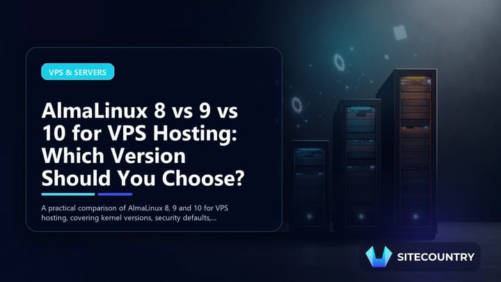 Three stylized server racks representing AlmaLinux 8, 9 and 10 side by side, illustrating a VPS operating system version