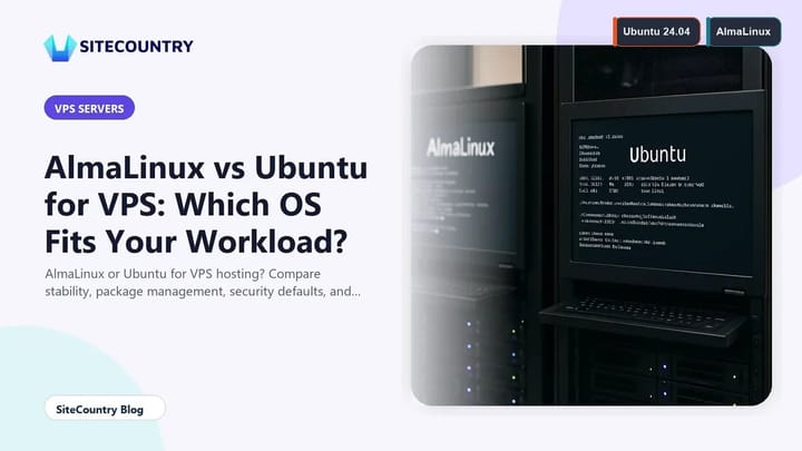 Two server racks side by side, one displaying an AlmaLinux console and the other an Ubuntu terminal, illustrating a VPS