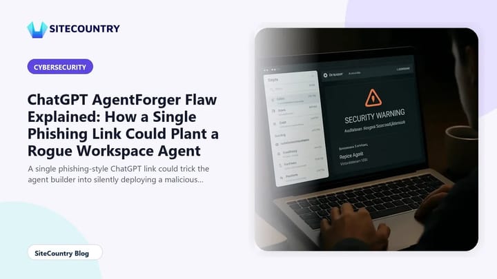 Security analyst reviewing a ChatGPT workspace dashboard warning of a suspicious published AI agent next to an inbox sidebar