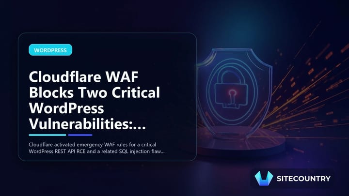Abstract editorial illustration of a translucent security shield blocking attack traffic around a WordPress site.