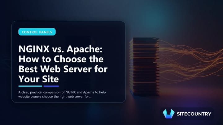 Illustration of two abstract server towers representing NGINX and Apache web servers, one with horizontal plates in blue and