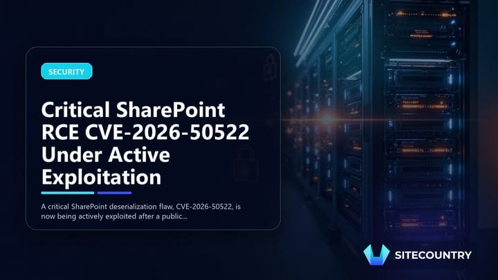 Editorial illustration of a secured server rack with floating digital shields representing SharePoint vulnerability patching