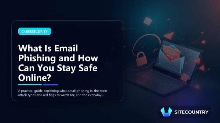 Illustration of a laptop displaying a suspicious email with a hooked fishing line, alongside padlock and shield icons