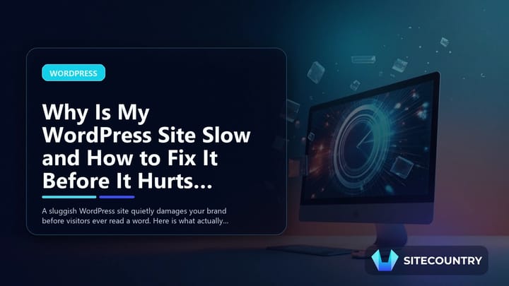 Editorial illustration of a computer speedometer surrounded by floating plugins, images, and server icons representing