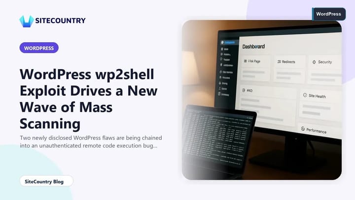 Developer reviewing server logs on a laptop next to a WordPress dashboard on a second monitor while investigating a security