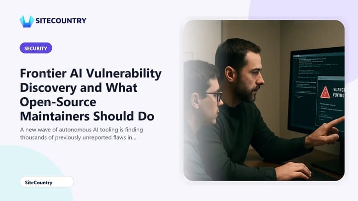 Two engineers at a workstation reviewing an open-source vulnerability scan on a monitor during a security audit.