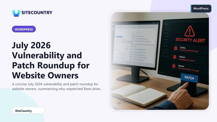 Workspace with two monitors showing a WordPress dashboard and security advisories illustrating a monthly vulnerability and