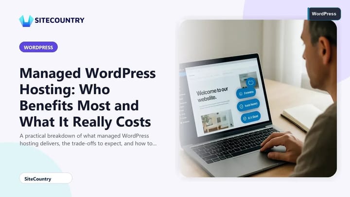 Small business owner reviewing a managed WordPress hosting dashboard on a laptop in a home office