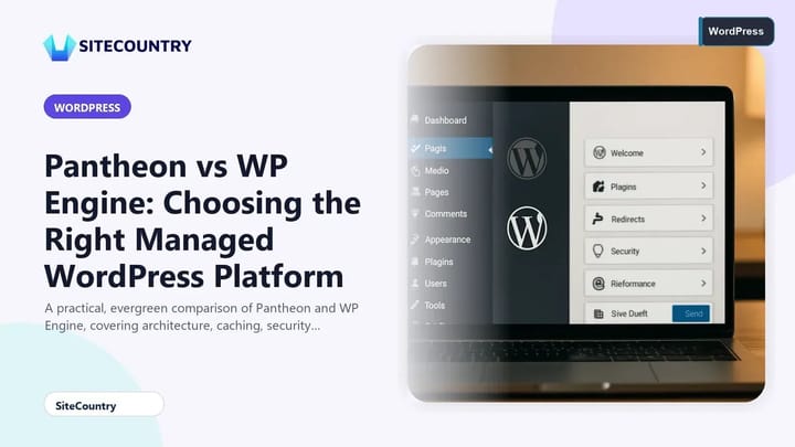 Editor comparing Pantheon and WP Engine on a laptop showing a WordPress dashboard.
