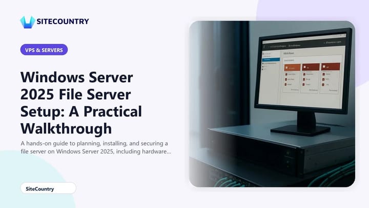 Server rack with a Windows Server 2025 unit and a monitor showing the Server Manager file shares view in a small data center.