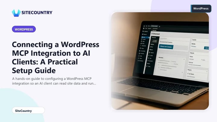 Developer desk with laptop and code editor configuring a WordPress MCP adapter connection to an AI client.