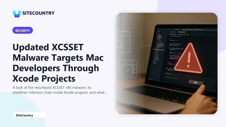Mac laptop running Xcode on a developer desk, illustrating the XCSSET malware targeting macOS developers through poisoned