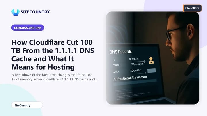 Data center server rack with glowing status lights while an engineer reviews DNS cache memory optimization metrics on a