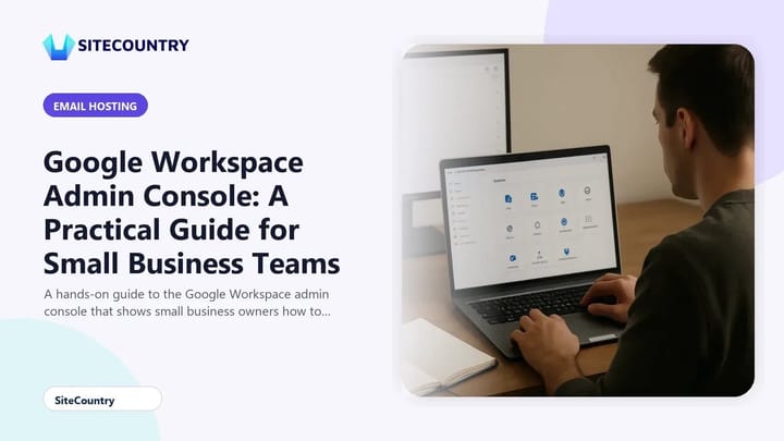 Small business owner at a desk reviewing the Google Workspace admin console on a laptop with a notebook and coffee cup