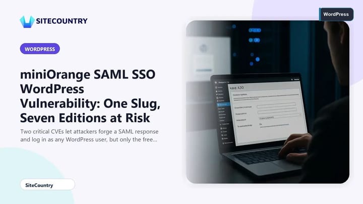 Server room with an analyst reviewing a WordPress SAML SSO configuration on a laptop while authentication traffic is being