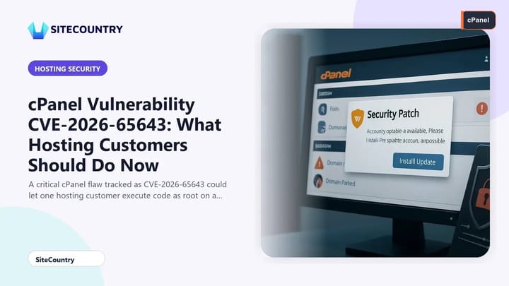 Server monitor displaying a cPanel security patch alert for a critical domain parking vulnerability.